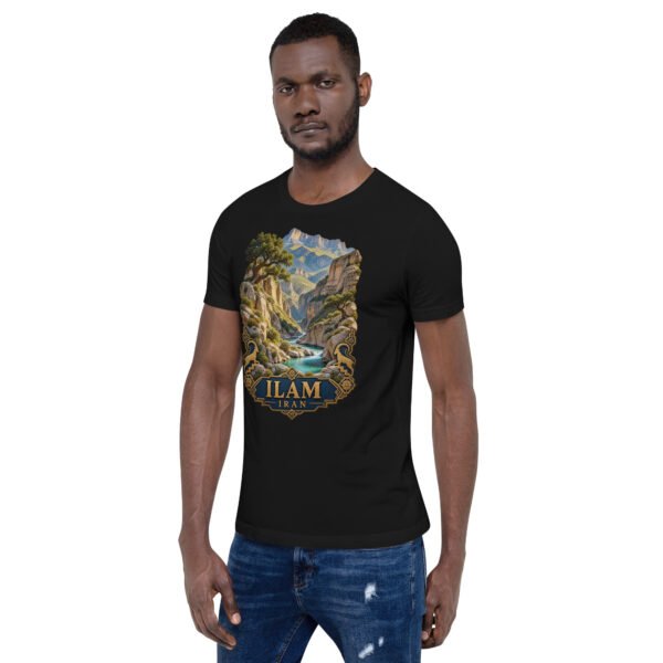 Black Ilam unisex t-shirt, front view with Razianeh Gorge in the Zagros Mountains design