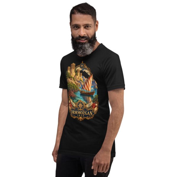 Black Hormozgan unisex t-shirt, front view with Portuguese Castle of Hormuz and the Persian Gulf design