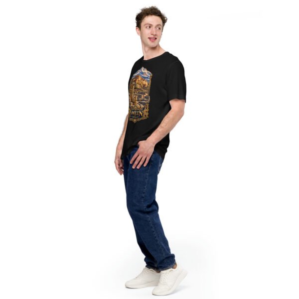 unisex-staple-t-shirt-black-left-front-6acbd9f3e12c8.jpg Black Hamedan unisex t-shirt, front view with Ganjnameh inscriptions and Mount Alvand design