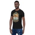 Black Qom unisex t-shirt, front view with Deir-e Gachin caravanserai in the desert design