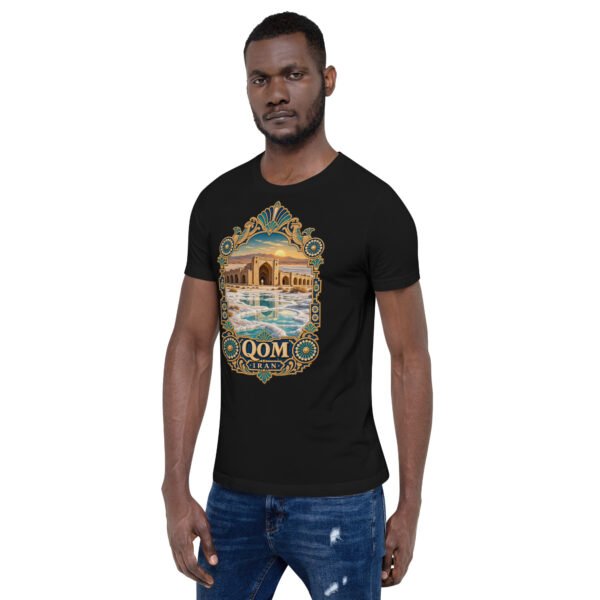 Black Qom unisex t-shirt, front view with Deir-e Gachin caravanserai in the desert design