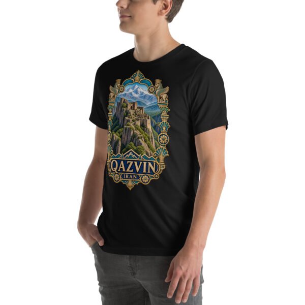 Black Qazvin unisex t-shirt, front view with Alamut Castle on its rocky Alborz cliff design
