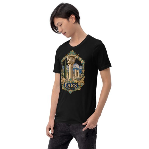 Black Fars unisex t-shirt, front view with Persepolis and Achaemenid columns design