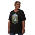 Black Chaharmahal and Bakhtiari unisex t-shirt, front view with Zard-Kuh and the Koohrang waterfall design