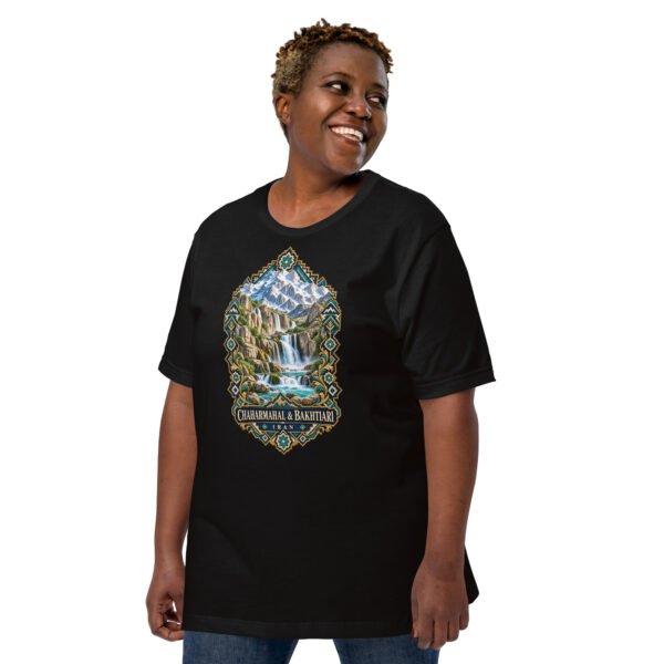 Black Chaharmahal and Bakhtiari unisex t-shirt, front view with Zard-Kuh and the Koohrang waterfall design