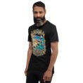 Black Bushehr unisex t-shirt, front view with ancient port of Siraf and the Persian Gulf design