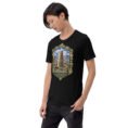 Black Ardabil unisex t-shirt, front view with ancient Shahr-e Yeri stone figures and Mount Sabalan design