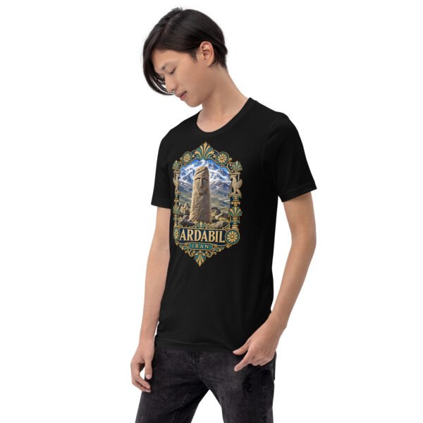 Black Ardabil unisex t-shirt, front view with ancient Shahr-e Yeri stone figures and Mount Sabalan design