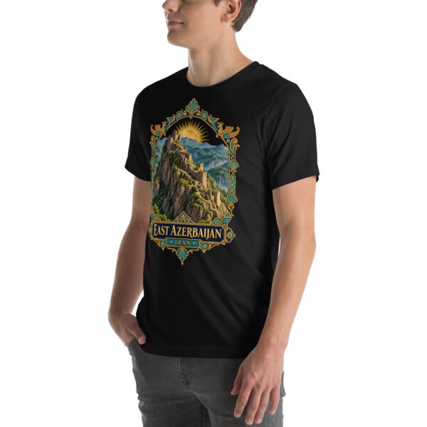 Black East Azerbaijan unisex t-shirt, front view with Babak Castle and the Arasbaran valleys design