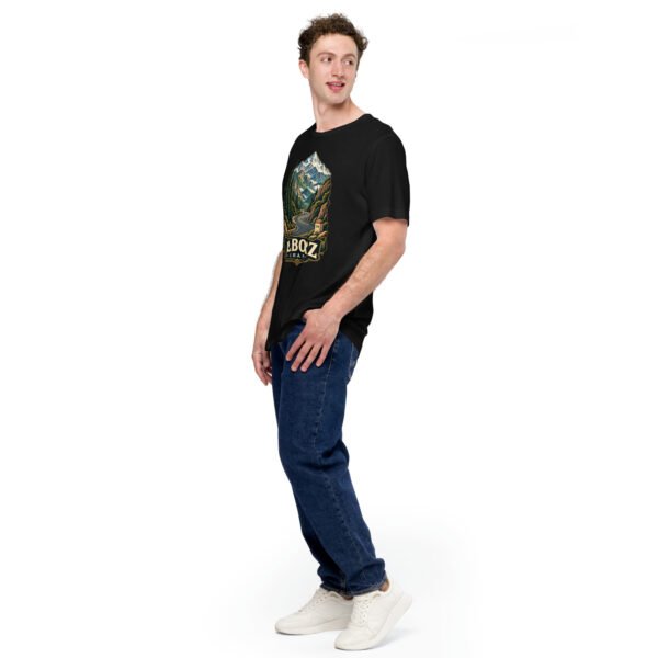Black Alborz unisex t-shirt, front view with Chalus Road winding through the Alborz Mountains design