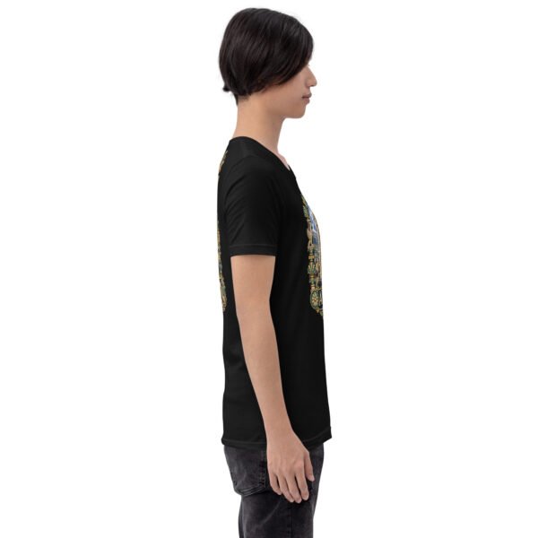 Black Ardabil unisex t-shirt, with ancient Shahr-e Yeri stone figures and Mount Sabalan design