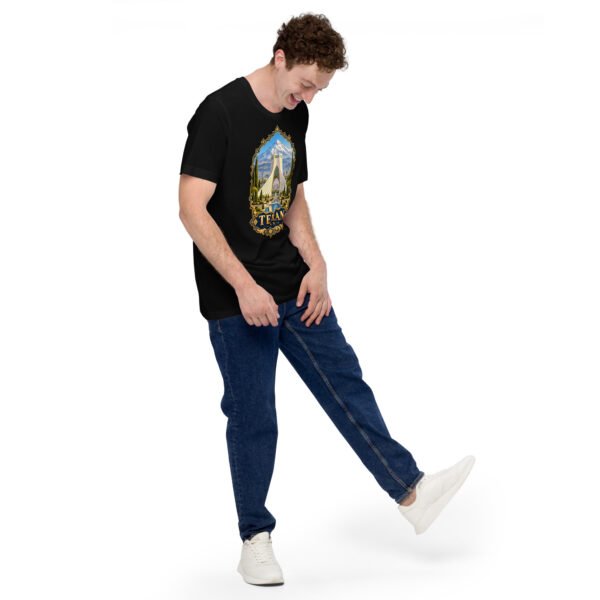 Black Tehran unisex t-shirt, front view with Azadi Tower and Mount Damavand design