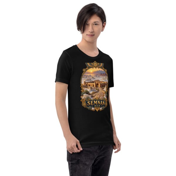 Black Semnan unisex t-shirt, front view with Qasr-e Bahram caravanserai in the Dasht-e Kavir design