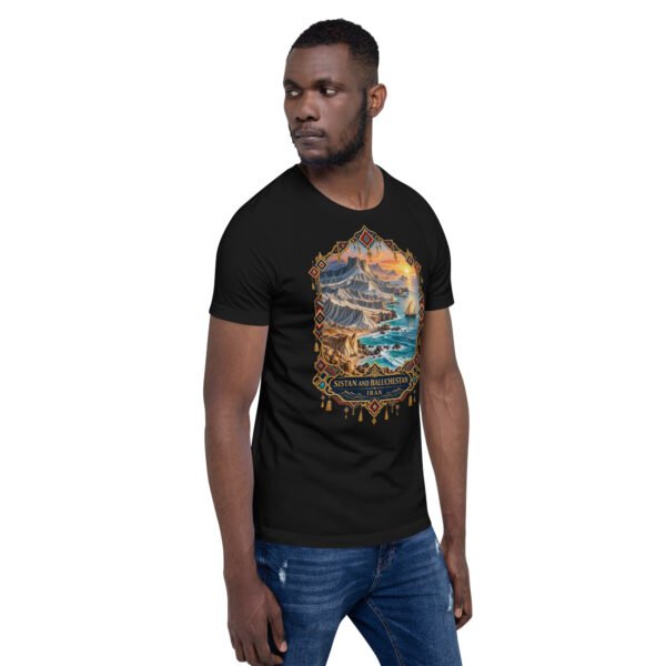 Black Sistan and Baluchestan unisex t-shirt, front view with Shahr-e Sukhteh, the Burnt City design