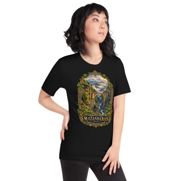 Black Mazandaran unisex t-shirt, front view with terraced springs of Badab-e Surt in the Hyrcanian forest design