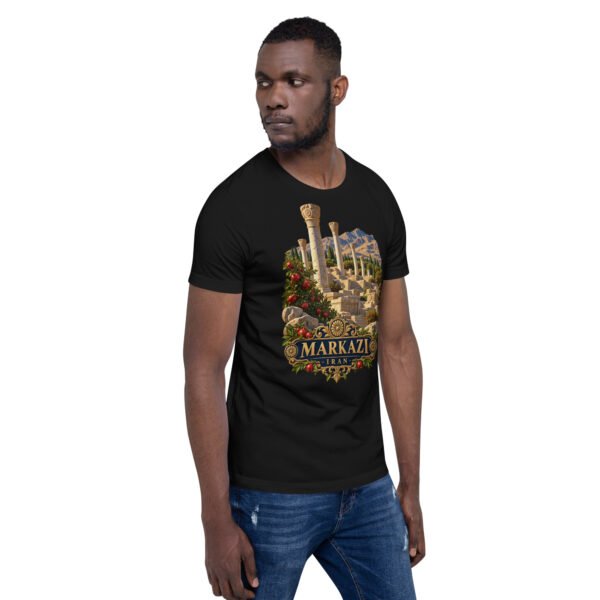 Black Markazi unisex t-shirt, front view with ancient columns of Khorheh design