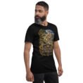 Black Kurdistan unisex t-shirt, front view with Ziwiye fortress and golden Mannaean motifs design