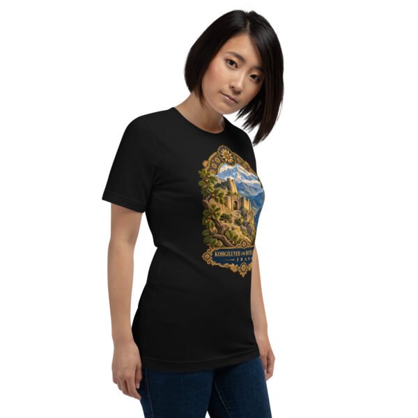 unisex-staple-t-shirt-black-right-front-6acbd0493559e.jpg Black Kohgiluyeh and Boyer-Ahmad unisex t-shirt, front view with Tang-e Balqis gorge and Mount Dena design