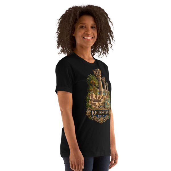Black Khuzestan unisex t-shirt, front view with ancient Susa design