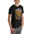 Black North Khorasan unisex t-shirt, front view with historic citadel of Shirvan and vineyards design