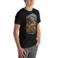 Black Khorasan Razavi unisex t-shirt, front view with Tomb of Ferdowsi in ancient Tus design