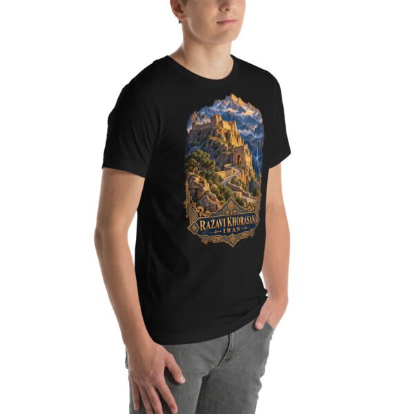 Black Khorasan Razavi unisex t-shirt, front view with Tomb of Ferdowsi in ancient Tus design