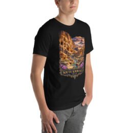 Black South Khorasan unisex t-shirt, front view with historic citadel of Birjand design