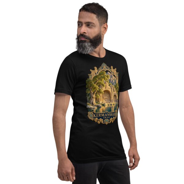 Black Kermanshah unisex t-shirt, front view with Taq-e Bostan Sasanian rock reliefs design