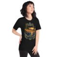 Black Isfahan unisex t-shirt, front view with Naqsh-e Jahan Square and Ali Qapu Palace design