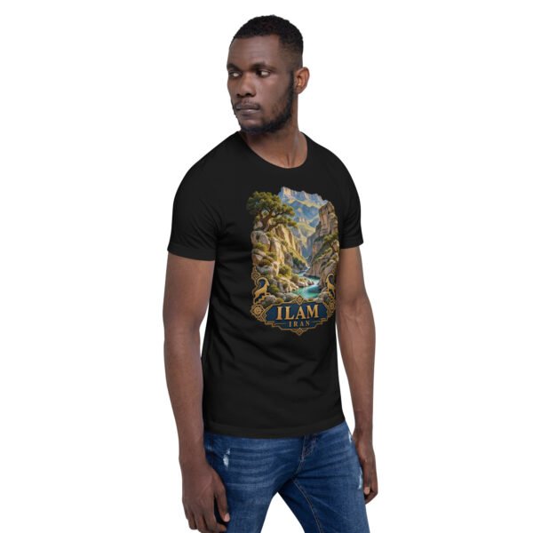 Black Ilam unisex t-shirt, front view with Razianeh Gorge in the Zagros Mountains design