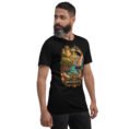 Black Hormozgan unisex t-shirt, front view with Portuguese Castle of Hormuz and the Persian Gulf design