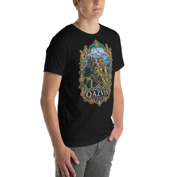 Black Qazvin unisex t-shirt, front view with Alamut Castle on its rocky Alborz cliff design