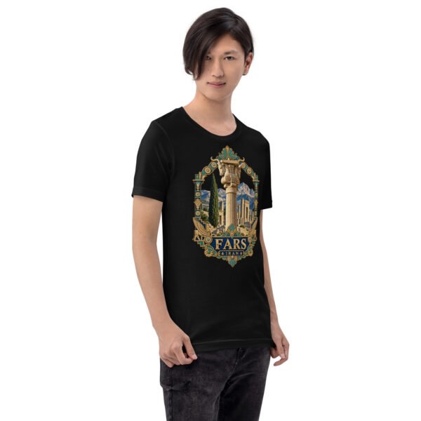 Black Fars unisex t-shirt, front view with Persepolis and Achaemenid columns design