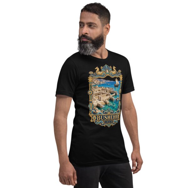 unisex-staple-t-shirt-black-right-front-6acbdde47641c.jpg Black Bushehr unisex t-shirt, front view with ancient port of Siraf and the Persian Gulf design
