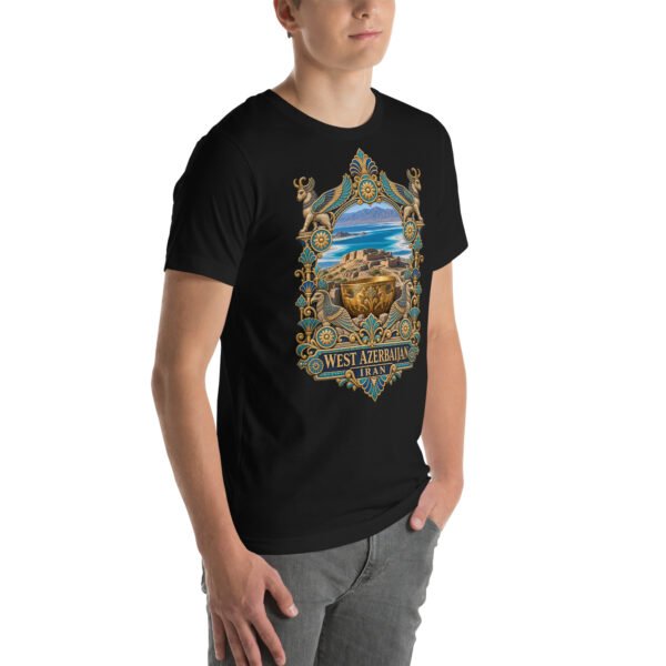Black West Azerbaijan unisex t-shirt, front view with Lake Urmia and the ancient Hasanlu mound design