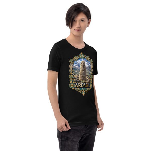 Black Ardabil unisex t-shirt, front view with ancient Shahr-e Yeri stone figures and Mount Sabalan design