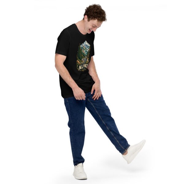 Black Alborz unisex t-shirt, front view with Chalus Road winding through the Alborz Mountains design