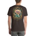 Brown Zanjan unisex t-shirt, back view with Katale Khor cave and the colorful mountains of Mahneshan design