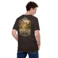 Brown Tehran unisex t-shirt, back view with Azadi Tower and Mount Damavand design