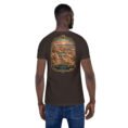 Brown Sistan and Baluchestan unisex t-shirt, back view with Makran coast and the miniature mountains of Chabahar design