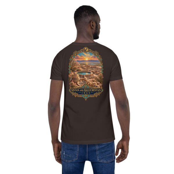 Brown Sistan and Baluchestan unisex t-shirt, back view with Makran coast and the miniature mountains of Chabahar design