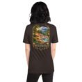 Brown Mazandaran unisex t-shirt, back view with Veresk Bridge and the slopes of the Alborz design