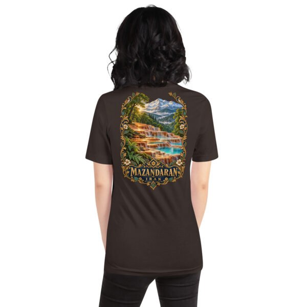 Brown Mazandaran unisex t-shirt, back view with Veresk Bridge and the slopes of the Alborz design