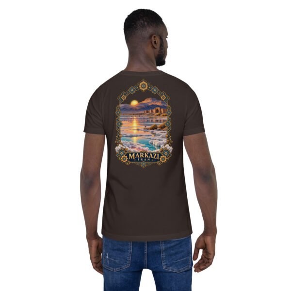 Brown Markazi unisex t-shirt, back view with mountains of Haftad Gholleh in central Iran design