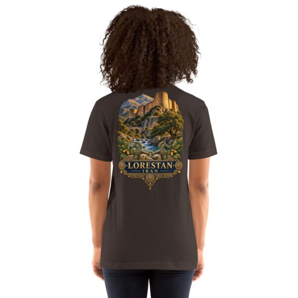 Brown Lorestan unisex t-shirt, back view with Falak-ol-Aflak Castle in Khorramabad design