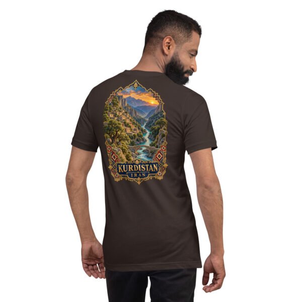 unisex-staple-t-shirt-brown-back-6acbcf7f1e0a0.jpg Brown Kurdistan unisex t-shirt, back view with Hawraman stepped village and the Sirwan River design