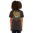 Brown Khuzestan unisex t-shirt, back view with Shushtar Historical Hydraulic System and its waterfalls design
