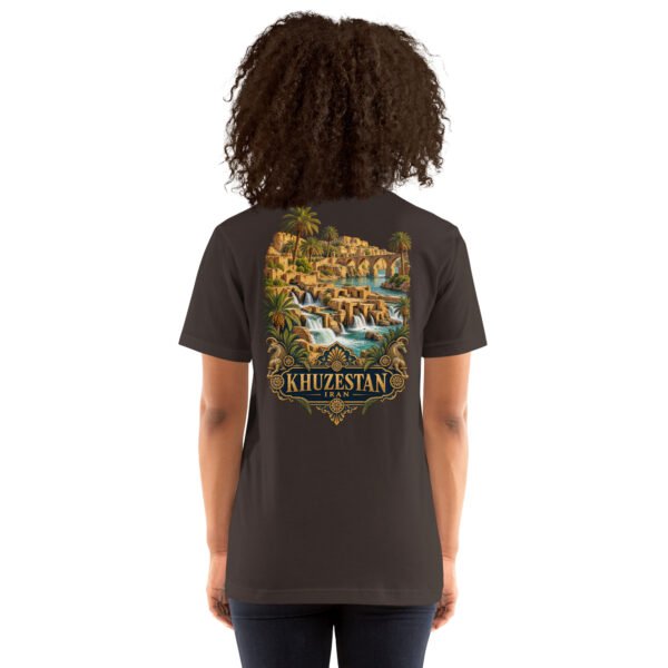 Brown Khuzestan unisex t-shirt, back view with Shushtar Historical Hydraulic System and its waterfalls design