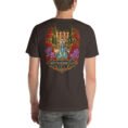 Brown South Khorasan unisex t-shirt, back view with Lut Desert with barberry and saffron fields design
