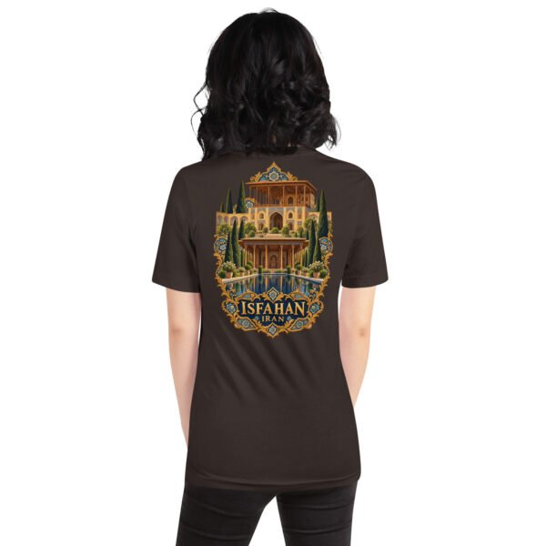 Brown Isfahan unisex t-shirt, back view with Naqsh-e Jahan Square and Ali Qapu Palace design